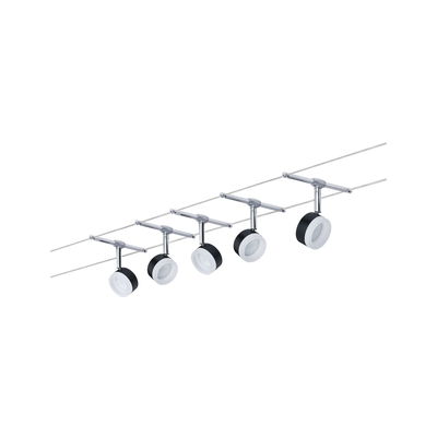 Sechs schwarze und weiße LED-Seilstrahler aus Metall für moderne Beleuchtungssysteme.