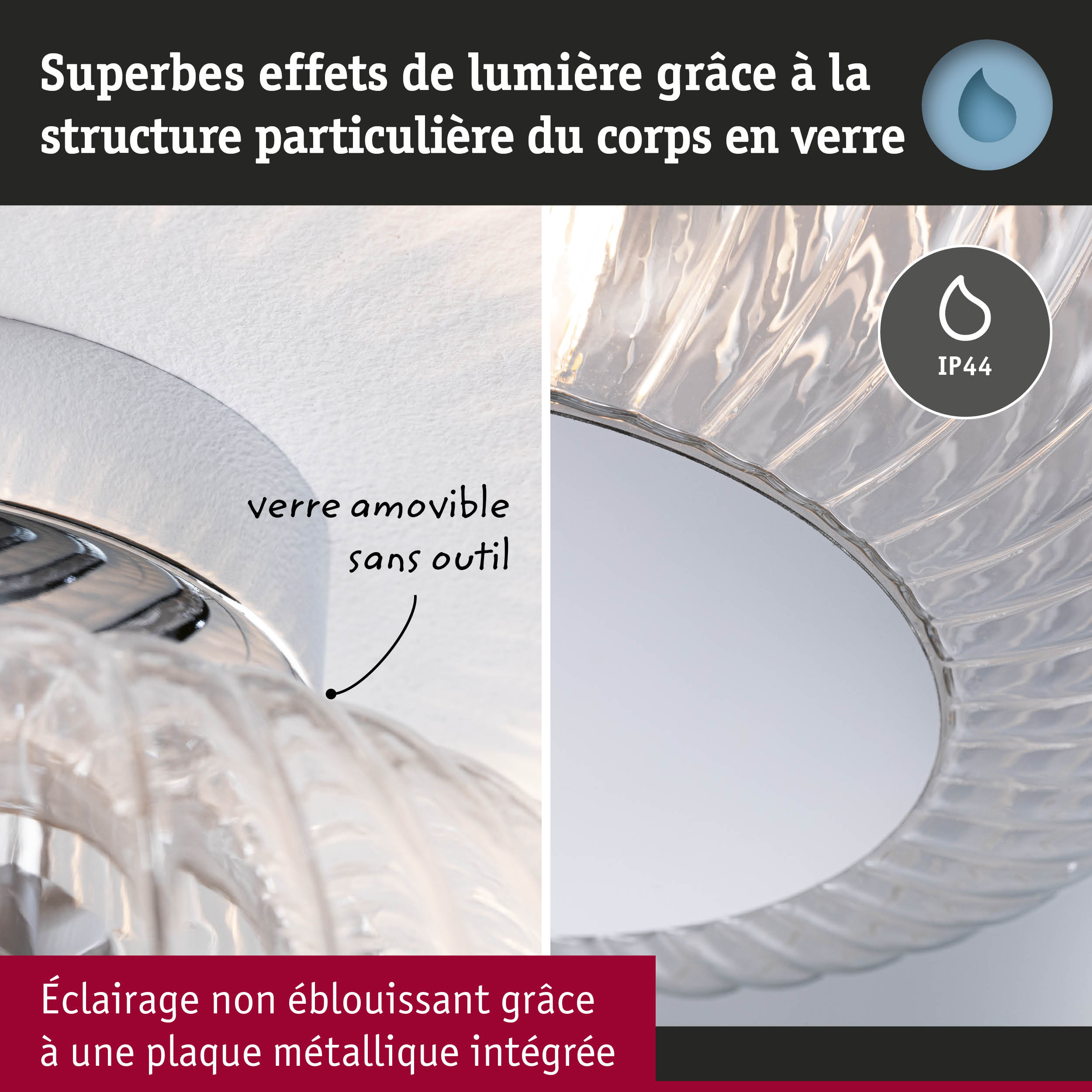 Luminaire en verre avec structure particulière pour effets lumineux superbes et indice IP44