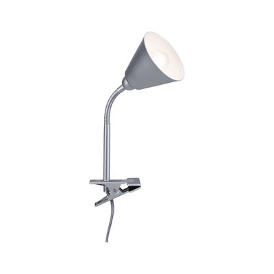 Lampe pince en métal argenté avec col flexible et abat-jour blanc pour éclairage de bureau