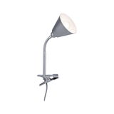 Zilveren metalen klemlamp met flexibele hals en witte kap voor bureauverlichting en lezen