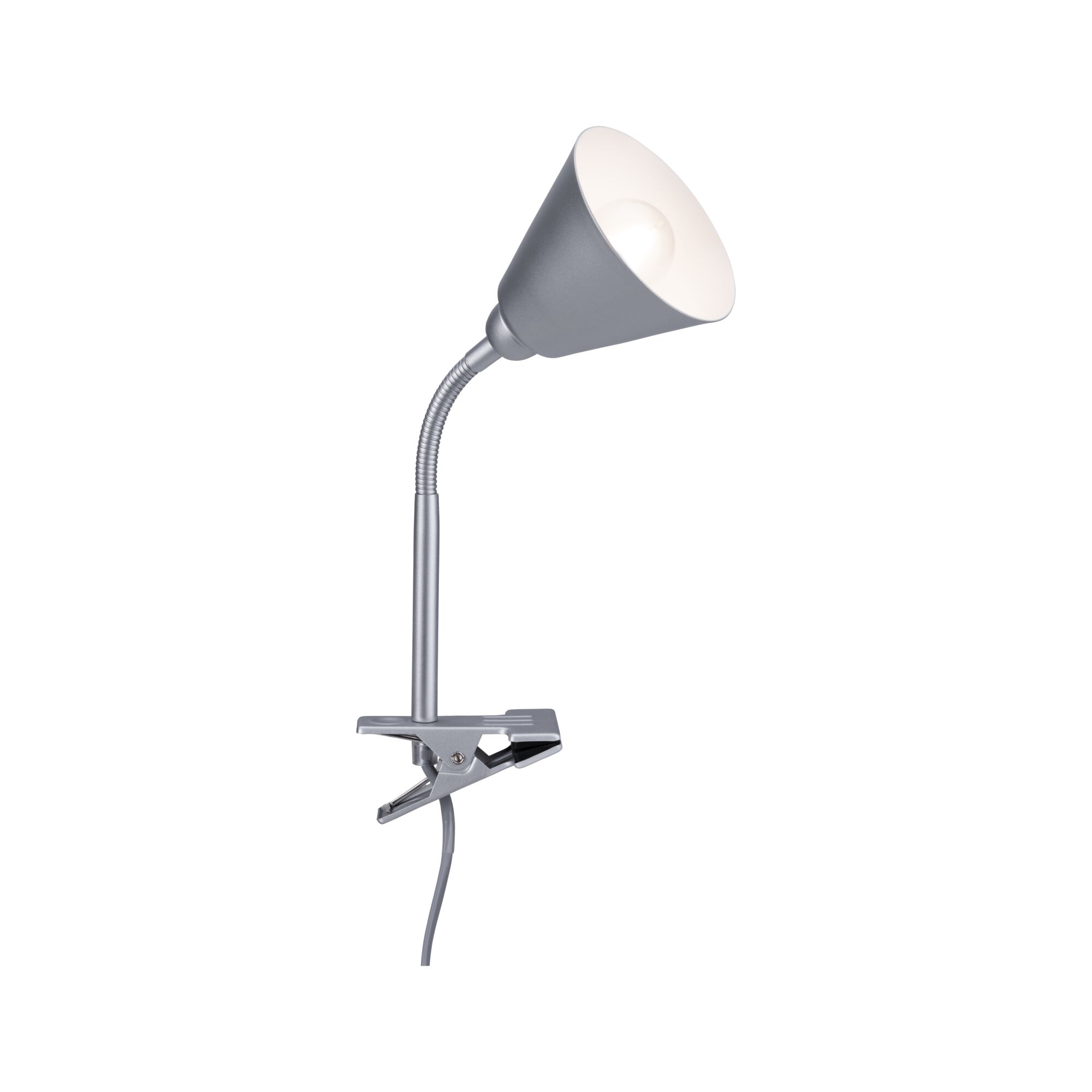 Silberne Klemmlampe aus Metall mit flexiblem Hals und weißem Lampenschirm für Schreibtischbeleuchtung