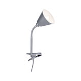 Silberne Klemmlampe aus Metall mit flexiblem Hals und weißem Lampenschirm für Schreibtischbeleuchtung