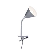 Silberne Klemmlampe aus Metall mit flexiblem Hals und weißem Lampenschirm für Schreibtischbeleuchtung