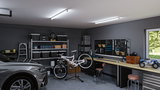 Moderne garage met grijze auto, witte fiets op standaard, werkbank met gereedschapsbord en LED-plafondlampen