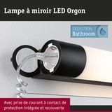 Lampe à miroir LED Orgon noire avec prise de courant protégée intégrée et couverte pour salle de bain.