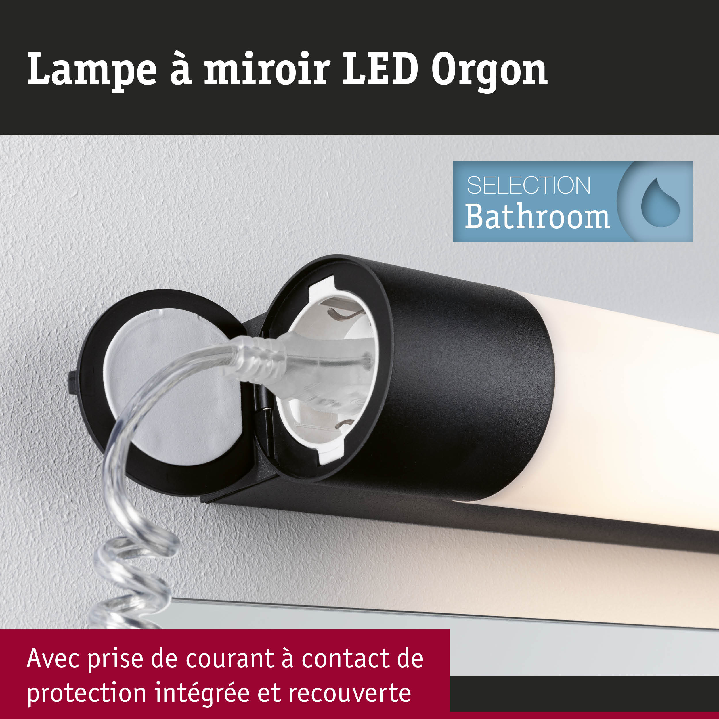 Lampe à miroir LED Orgon noire avec prise de courant intégrée pour éclairage de salle de bain