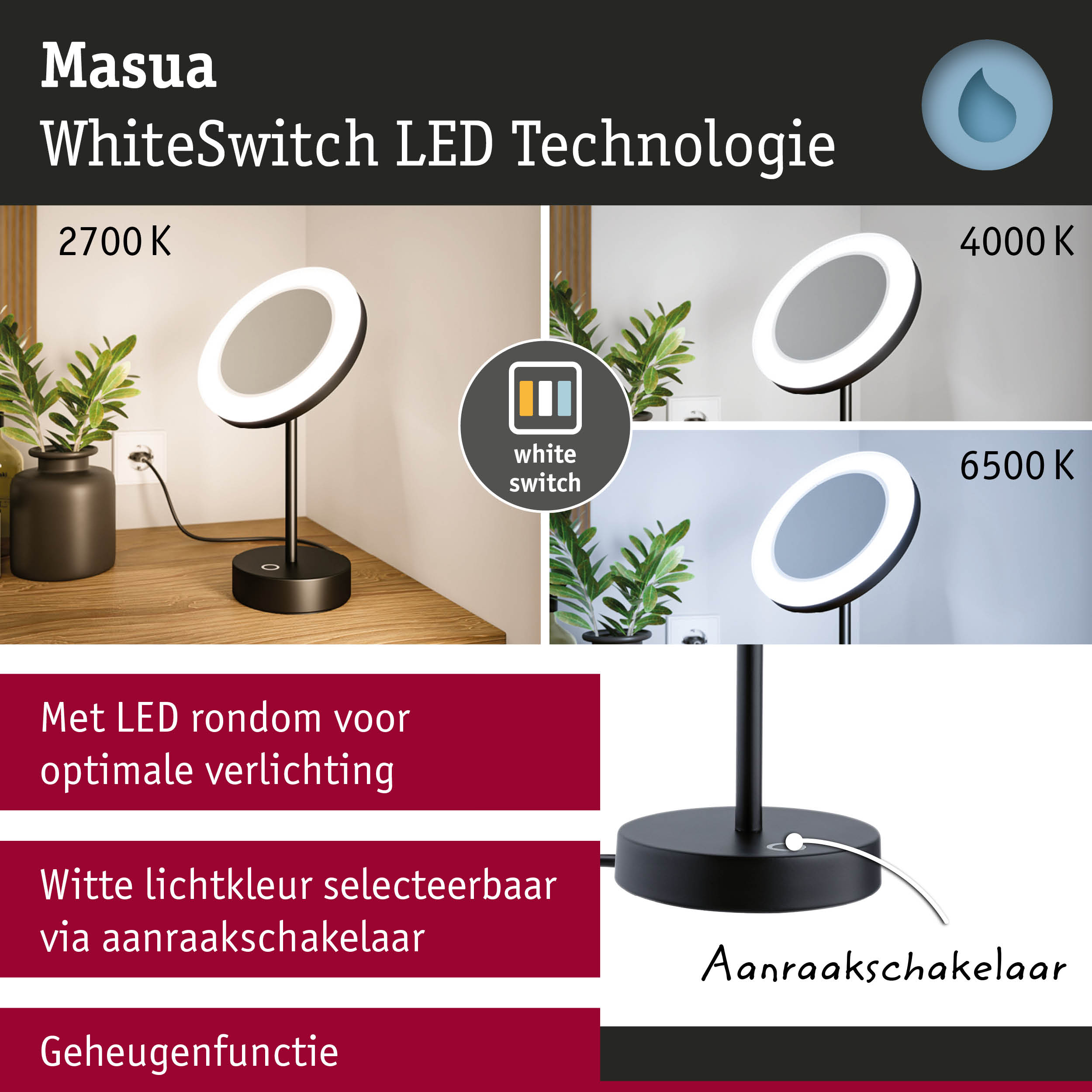 Zwarte LED-bureaulamp met ronde lichtkring en instelbare witlichtkleur van 2700K tot 6500K