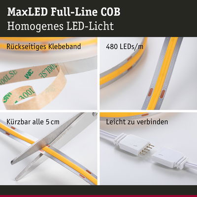 MaxLED Full-Line COB LED-Streifen mit rückseitigem Klebeband, 480 LEDs/m, kürzbar und leicht verbindbar