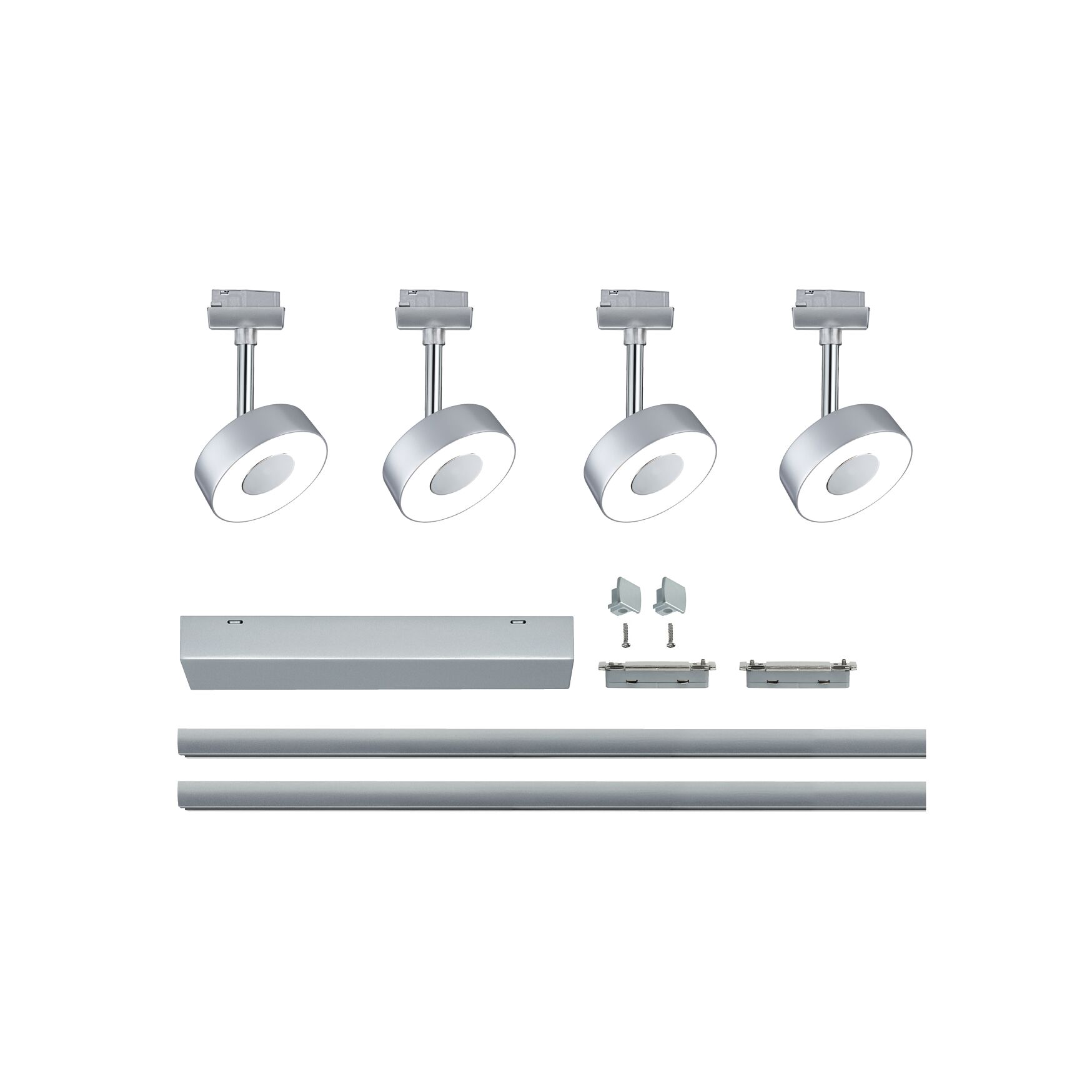 Vier zilveren LED-spotlights met montagerails en aluminium accessoires voor flexibele verlichtingssystemen