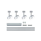 Quatre spots LED argentés avec rails de montage et accessoires en aluminium pour systèmes d'éclairage flexibles