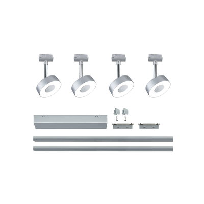 Four silver LED spotlights with mounting rails and aluminum accessories for flexible lighting setups