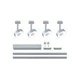 Four silver LED spotlights with mounting rails and aluminum accessories for flexible lighting setups