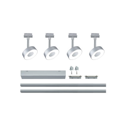 Four silver LED spotlights with mounting rails and aluminum accessories for flexible lighting setups