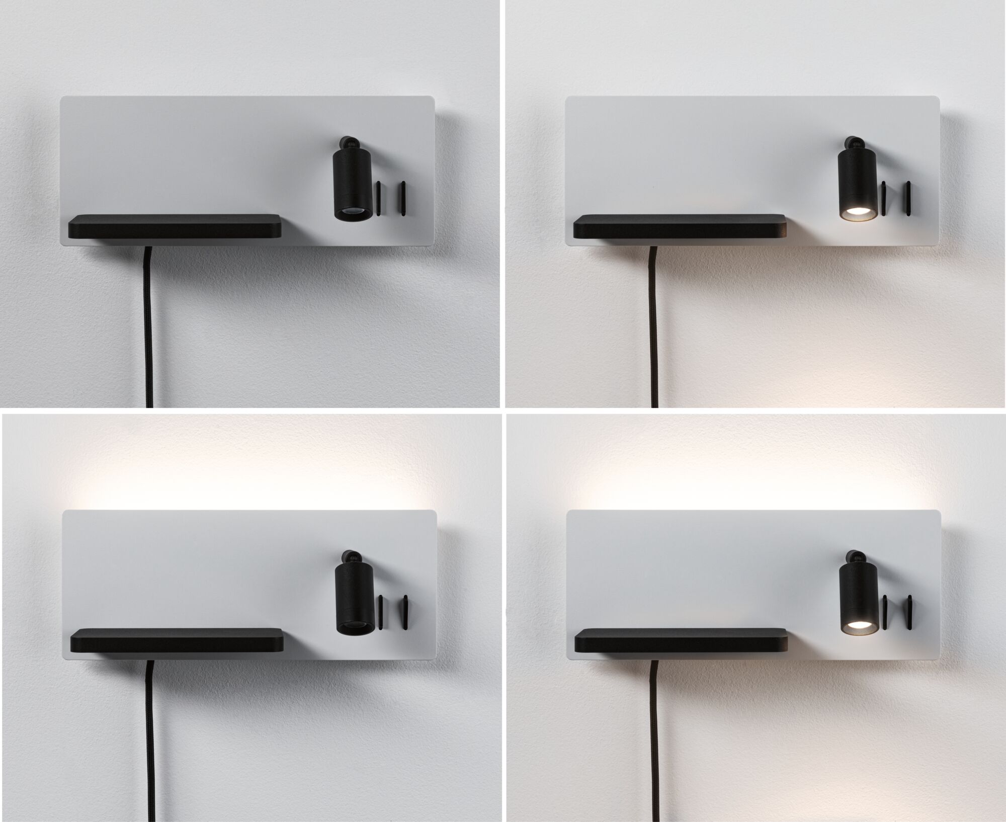 Moderne weiße Wandlampe mit schwarzem LED-Spot und Ablagefläche, dimmbares Design für Wohnräume