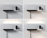 Modern white wall lamp with black LED spotlight and shelf, dimmable lighting for living spaces