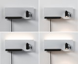 Applique murale blanche moderne avec spot LED noir et étagère, éclairage dimmable pour intérieur