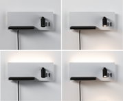 Modern white wall lamp with black LED spotlight and shelf, dimmable lighting for living spaces