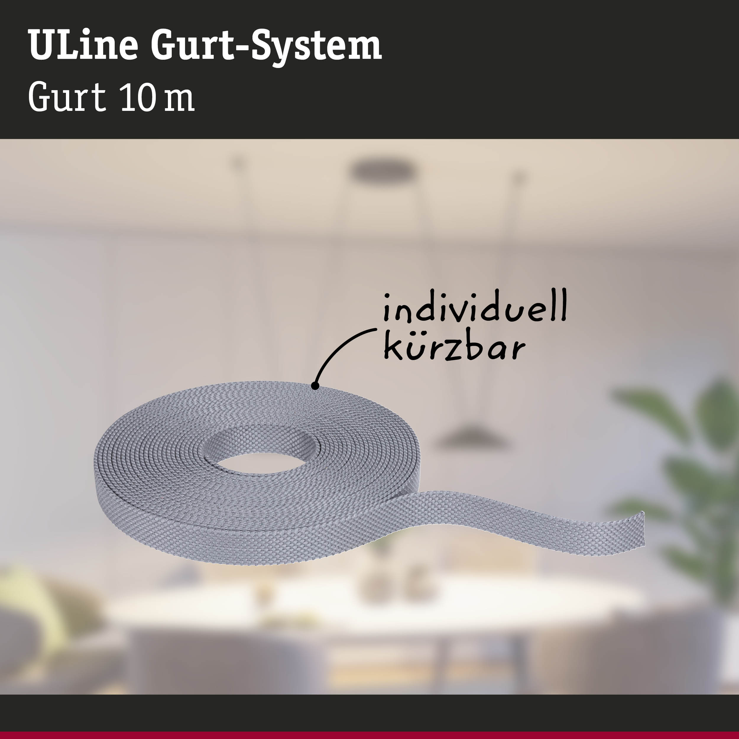 Grauer 10 Meter langer Gurt aus robustem Material für das ULine Gurt-System, individuell kürzbar