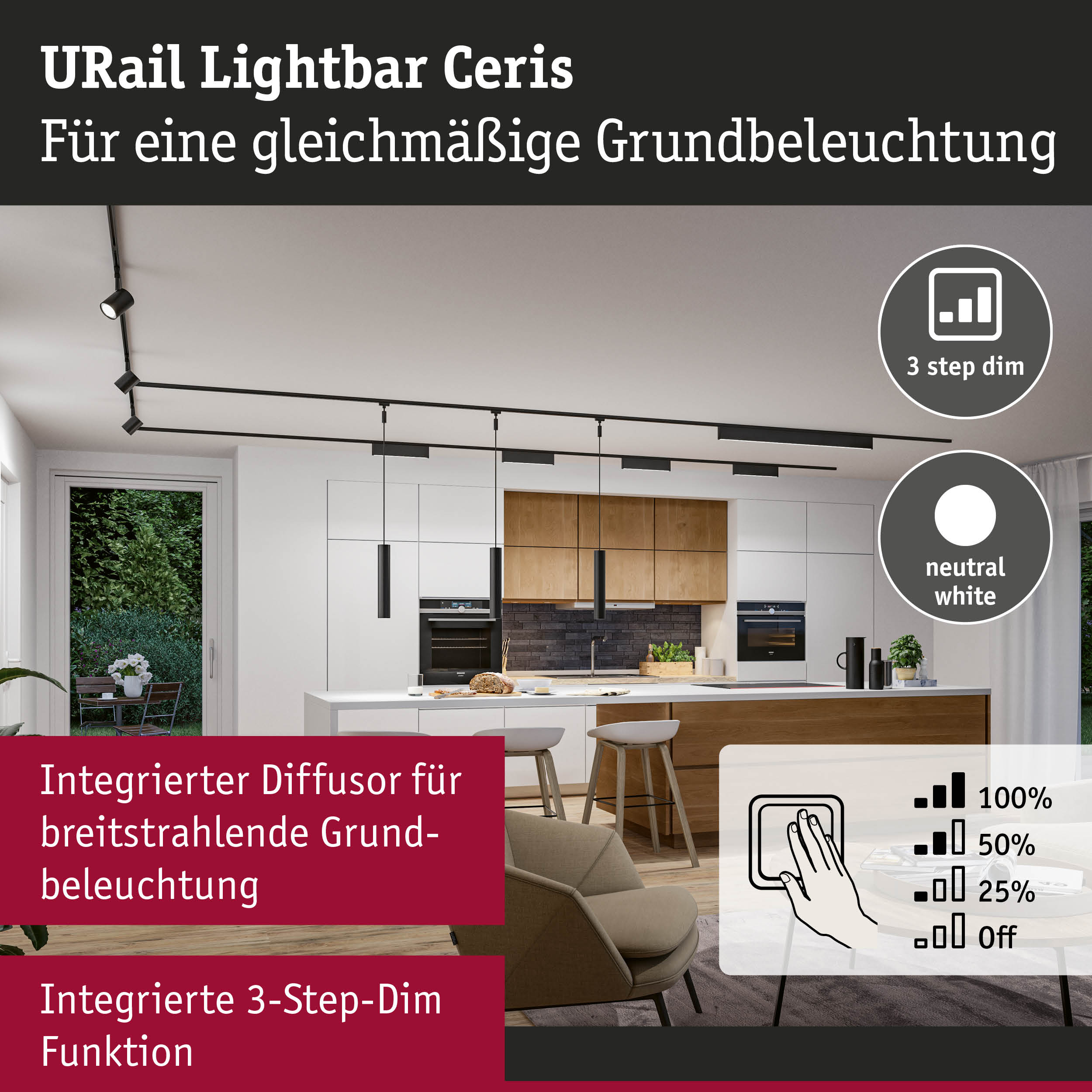 Schwarzes URail Lightbar Ceris Schienensystem mit 3-Step-Dim Funktion für gleichmäßige Grundbeleuchtung