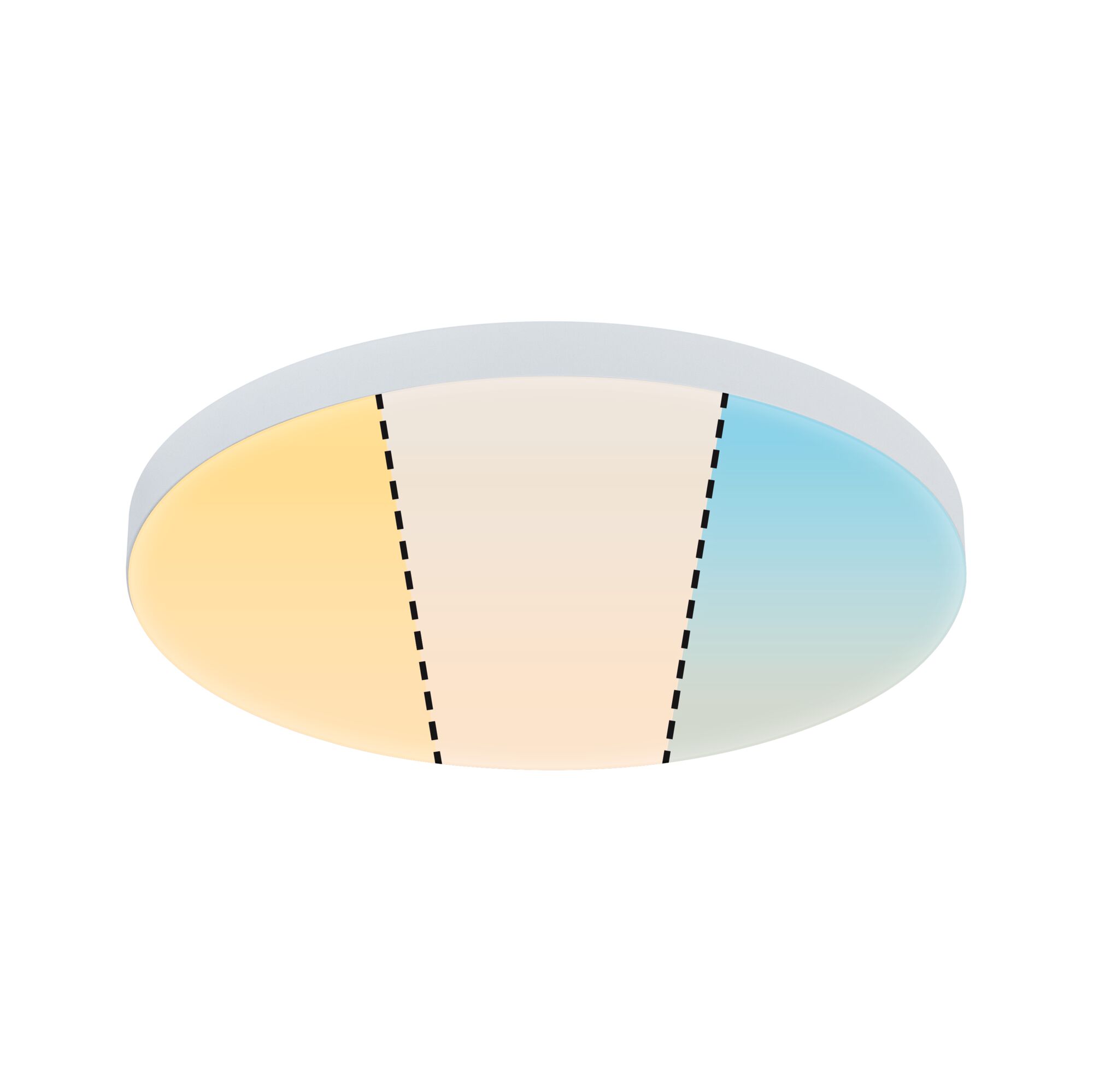 Plafonnier rond à cadre blanc montrant différentes températures de couleur du blanc chaud au blanc froid