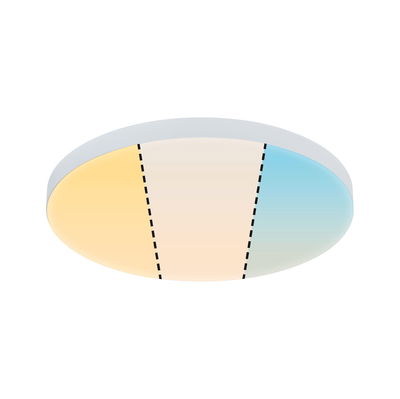 Plafonnier rond à cadre blanc montrant différentes températures de couleur du blanc chaud au blanc froid