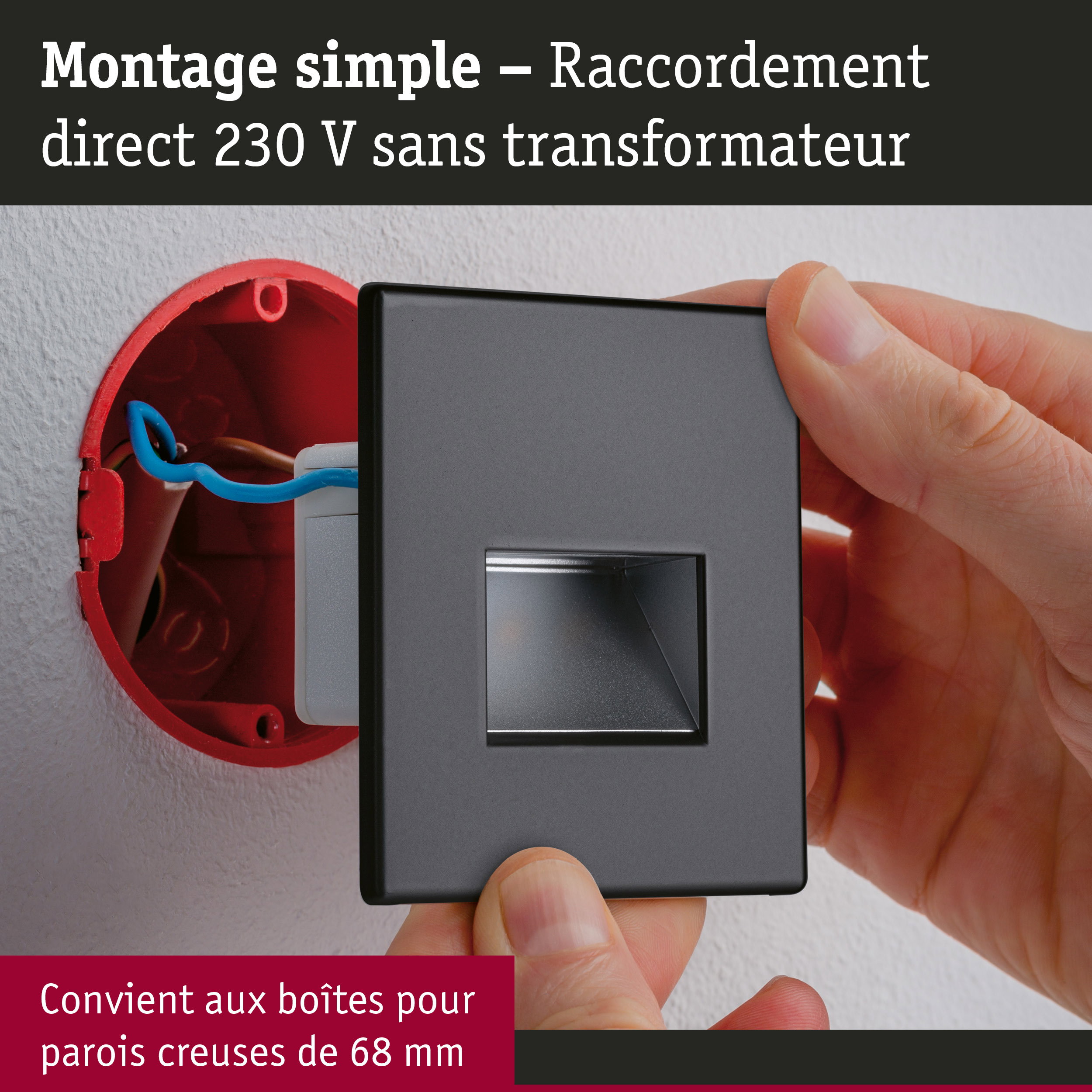 Installation manuelle d'un interrupteur noir avec raccordement direct 230 V sans transformateur dans boîte murale rouge