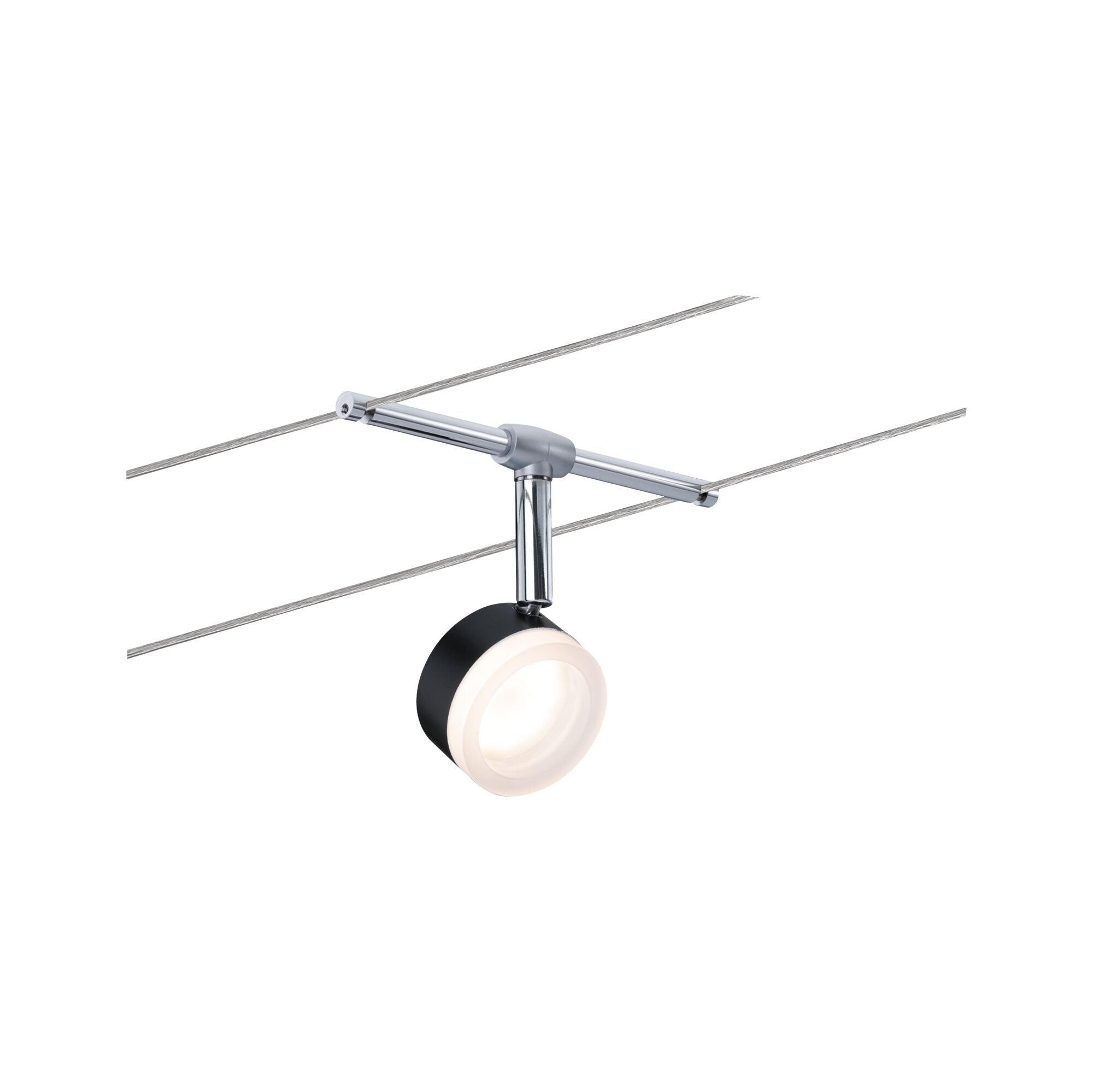 Moderner LED-Seilstrahler in Schwarz und Chrom mit warmweißem Licht für flexible Raumbeleuchtung