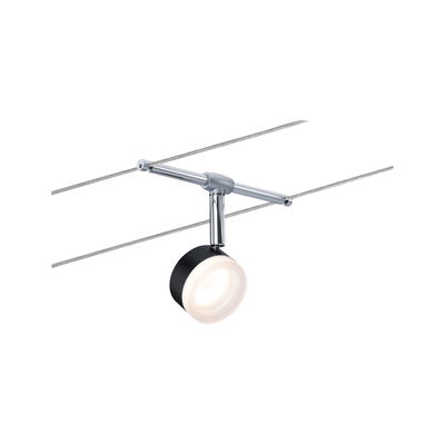 Moderner LED-Seilstrahler in Schwarz und Chrom mit warmweißem Licht für flexible Raumbeleuchtung