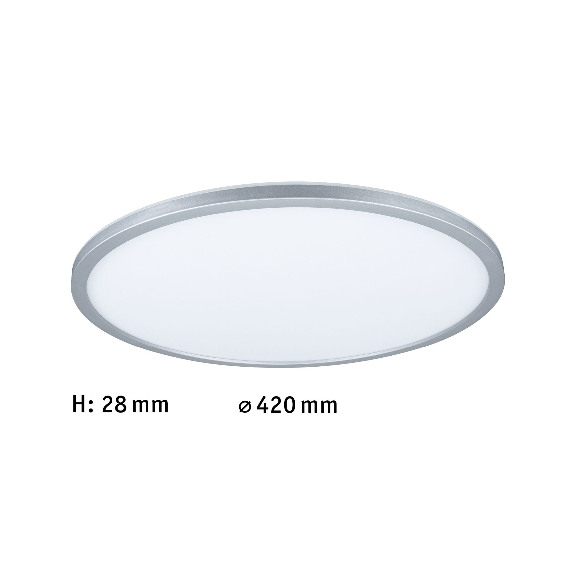 Flache runde LED-Deckenleuchte mit silbernem Aluminiumrahmen und weißem Diffusor, 420 mm Durchmesser