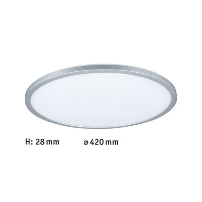 Flache runde LED-Deckenleuchte mit silbernem Aluminiumrahmen und weißem Diffusor, 420 mm Durchmesser