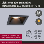 Zwarte inbouw LED-spot met warm wit licht 2700K en 3-traps dimmer voor wandbediening