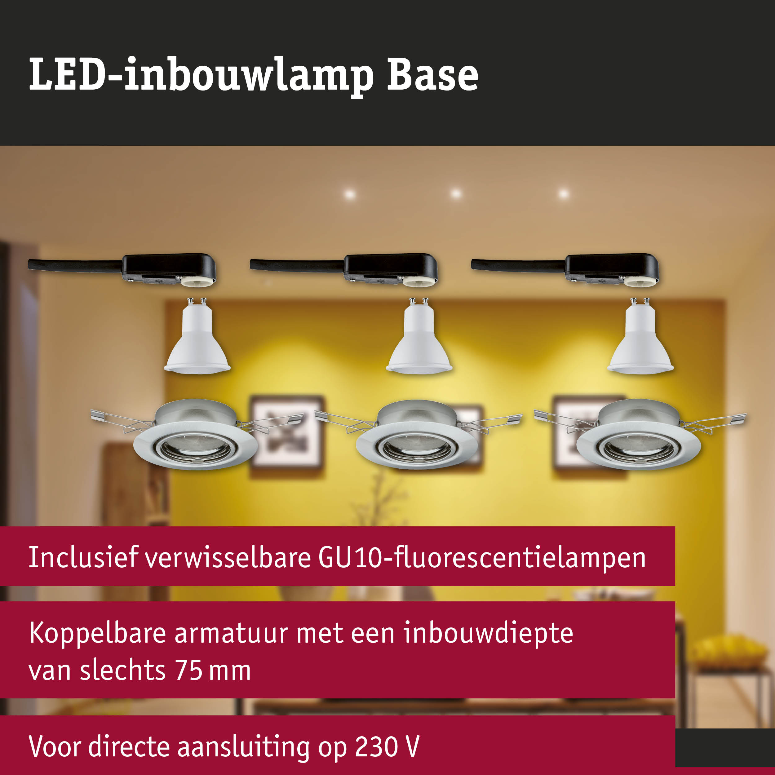 LED-inbouwlamp Base met witte GU10-lamp en zwarte kabel voor plafondmontage