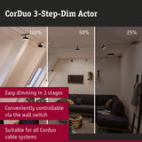 CorDuo 3-step dim actor with black cable system showing adjustable lighting in stylish living room