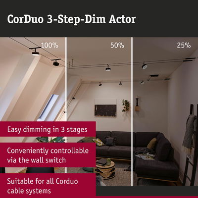 CorDuo 3-step dim actor with black cable system showing adjustable lighting in stylish living room