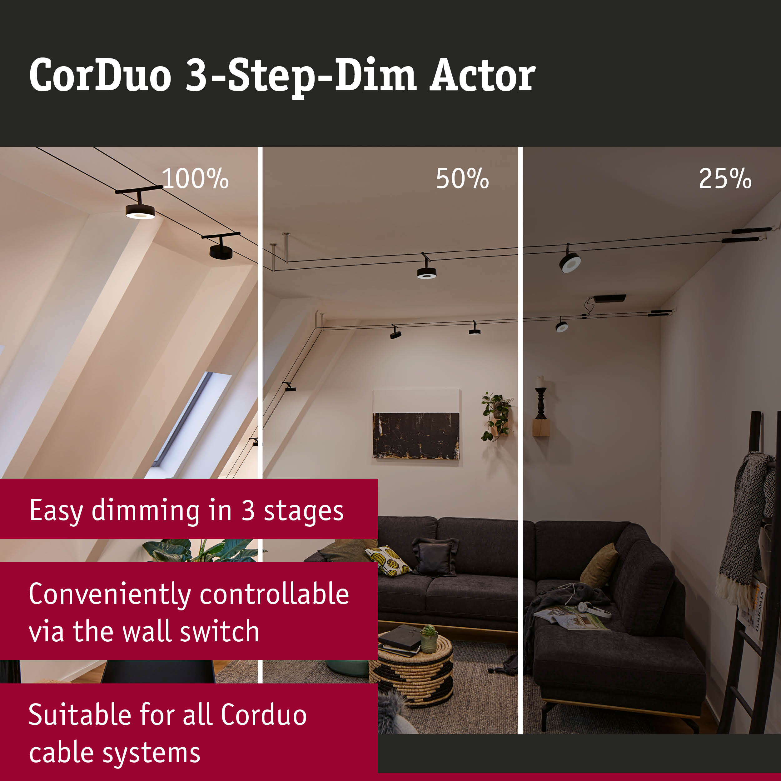 Black CorDuo 3-step dim actor on cable system showing adjustable brightness in modern living room
