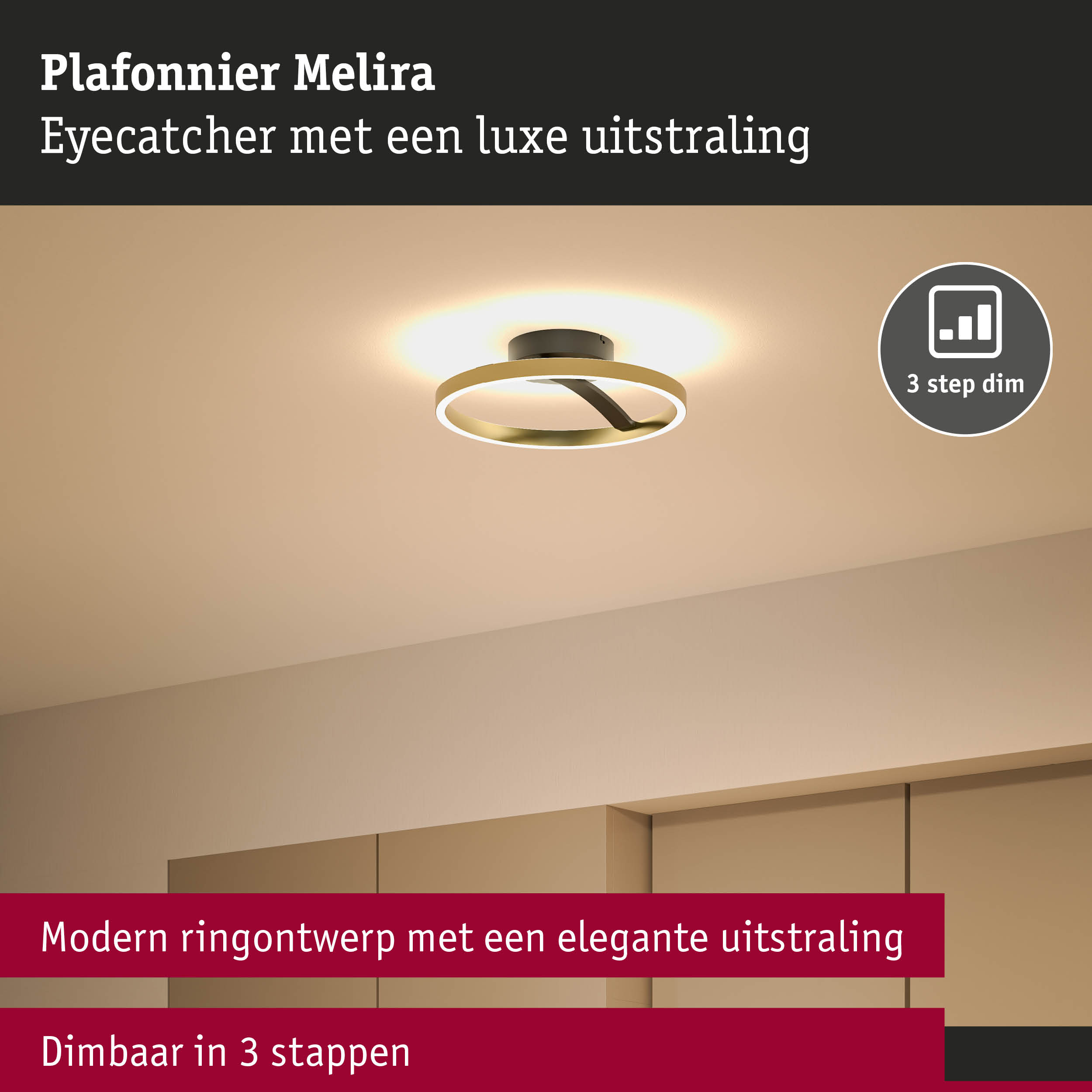 Moderne gouden plafondlamp Melira met dimbare LED-ring in drie stappen verstelbaar