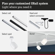 Modular URail track system with black and white aluminium rails for flexible LED lighting setup.