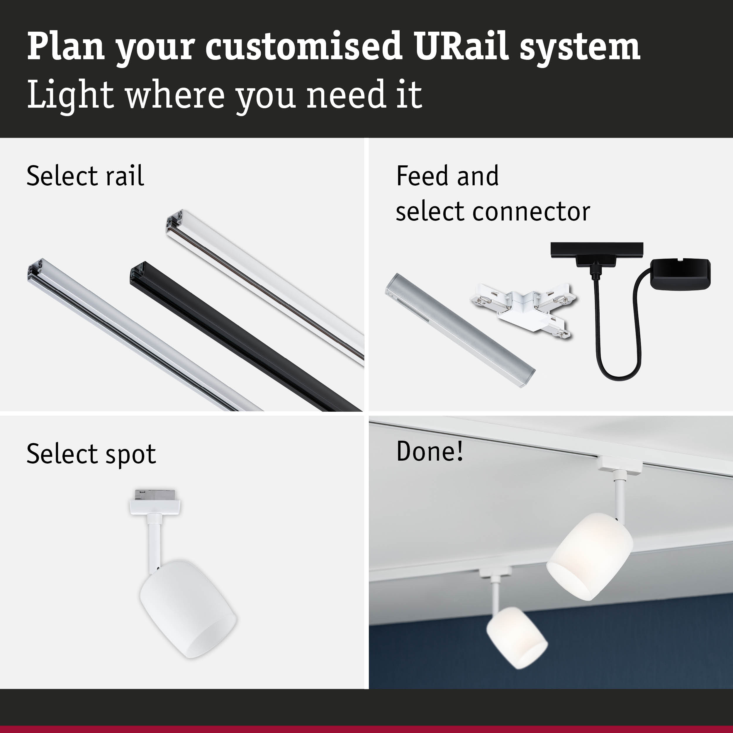 Modular URail track system with black and white aluminium rails for flexible LED lighting setup.