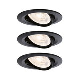 Drei schwarze Einbaustrahler aus Metall mit verstellbarem Spot und warmweißem Licht für Innenräume