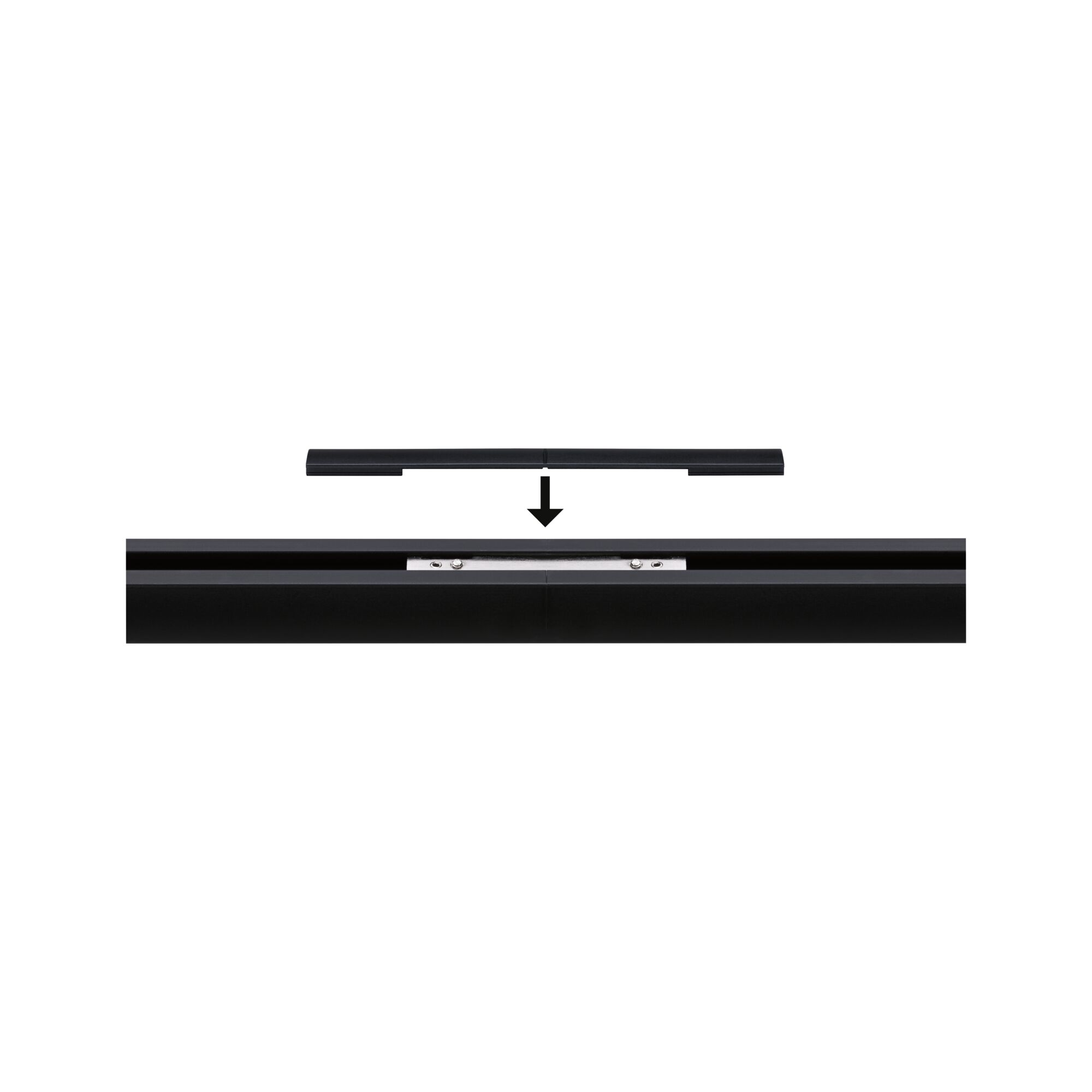 Black aluminum connector for LED track lighting with installation guide arrow.