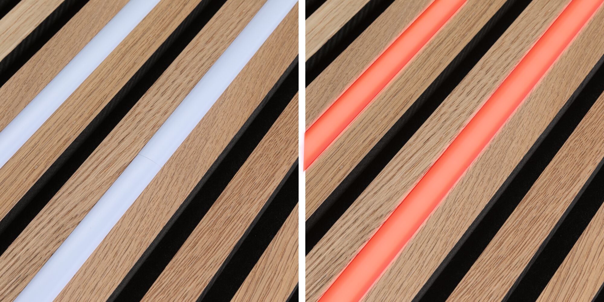 Nahaufnahme von Holzlamellen mit integriertem LED-Lichtstreifen in Weiß und Rot für moderne Beleuchtung