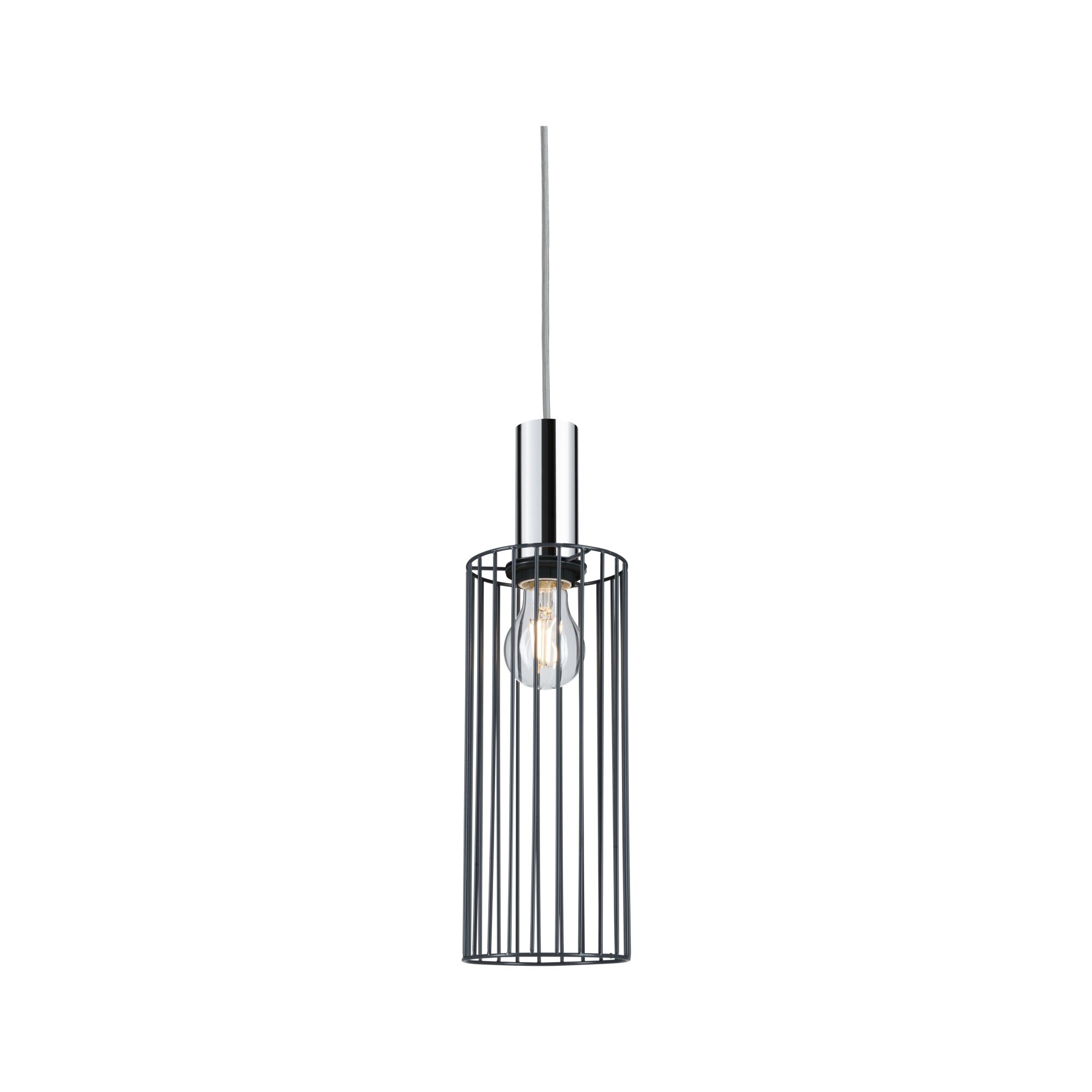 Modern pendant light with black metal cage and chrome canopy for stylish room lighting