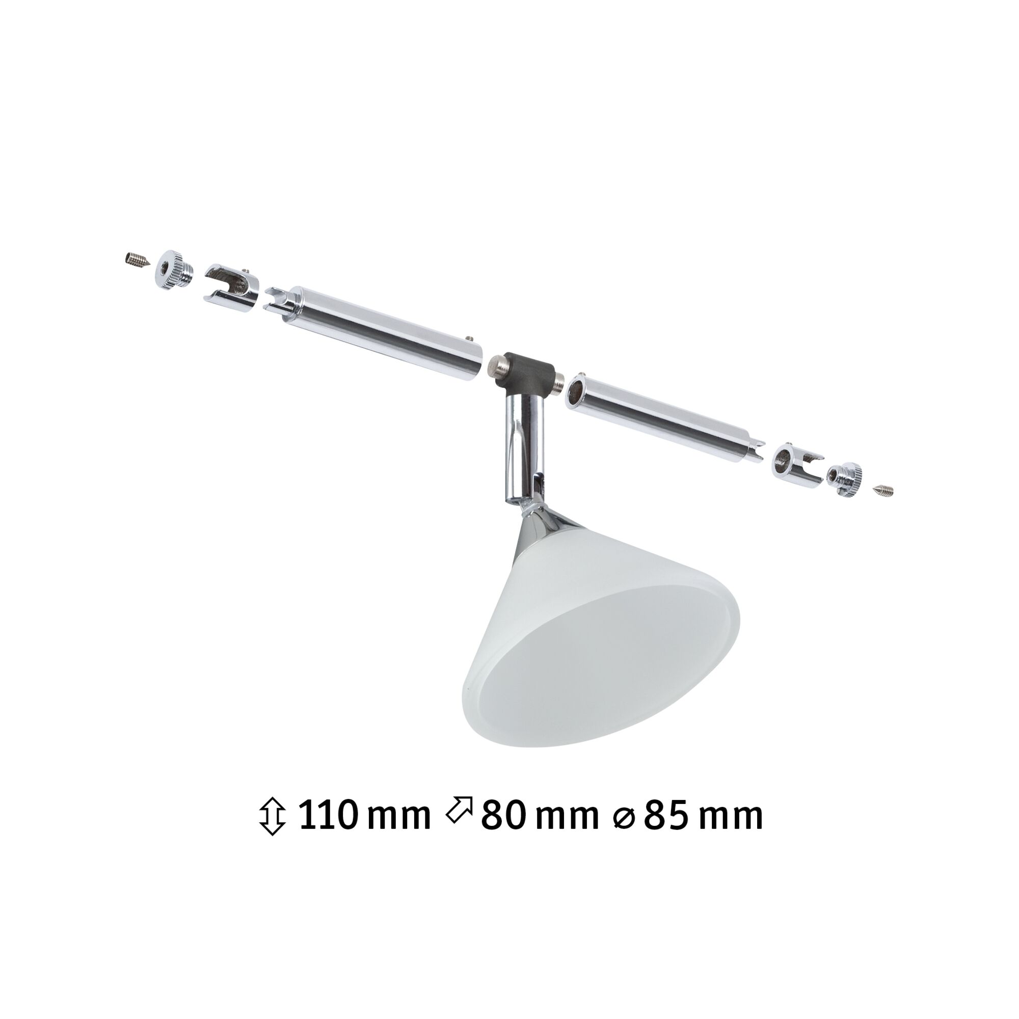 Exploded view of chrome LED spotlight with white conical glass shade and dimensions.