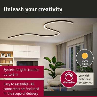 Modern warm white LED ceiling light with scalable length up to 8 m, dimmable with accessories