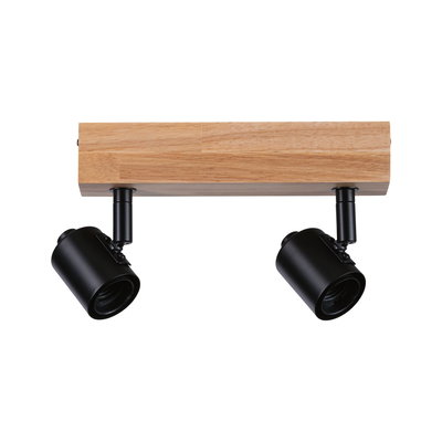 Moderne plafondspot met houten basis en twee zwarte metalen lampen voor accentverlichting