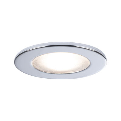 Round recessed LED light with white frame and warm white glow for modern interior lighting