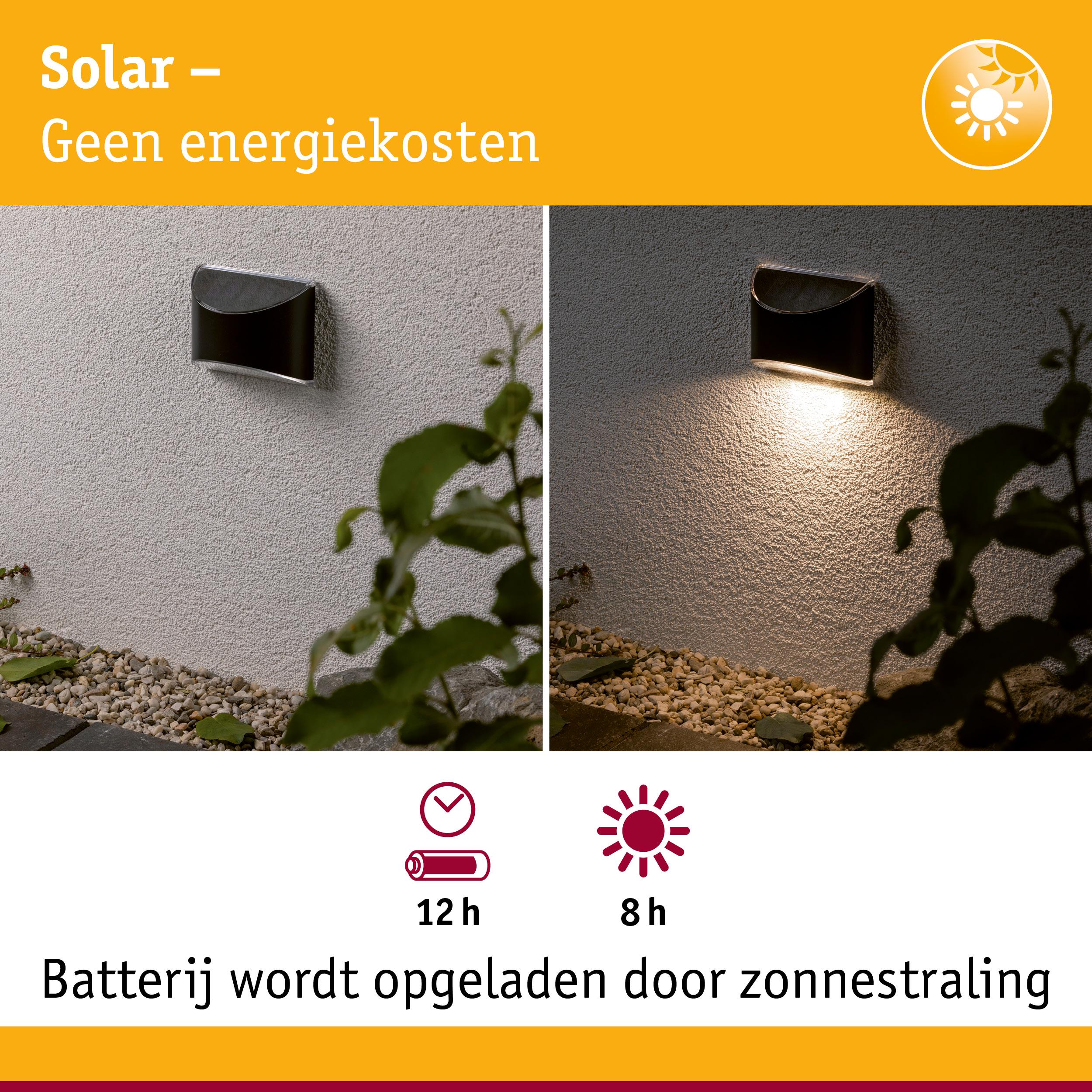 Zwarte solar wandlamp op witte muur, dag- en nachtzicht, energiezuinige buitenverlichting met batterij