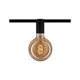 Round LED bulb with spiral filament in amber glass and black socket connection
