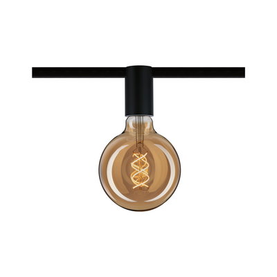 Round LED bulb with spiral filament in amber glass and black socket connection