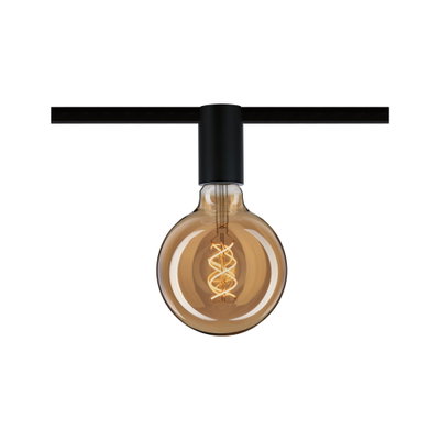 Round LED bulb with spiral filament in amber glass and black socket connection